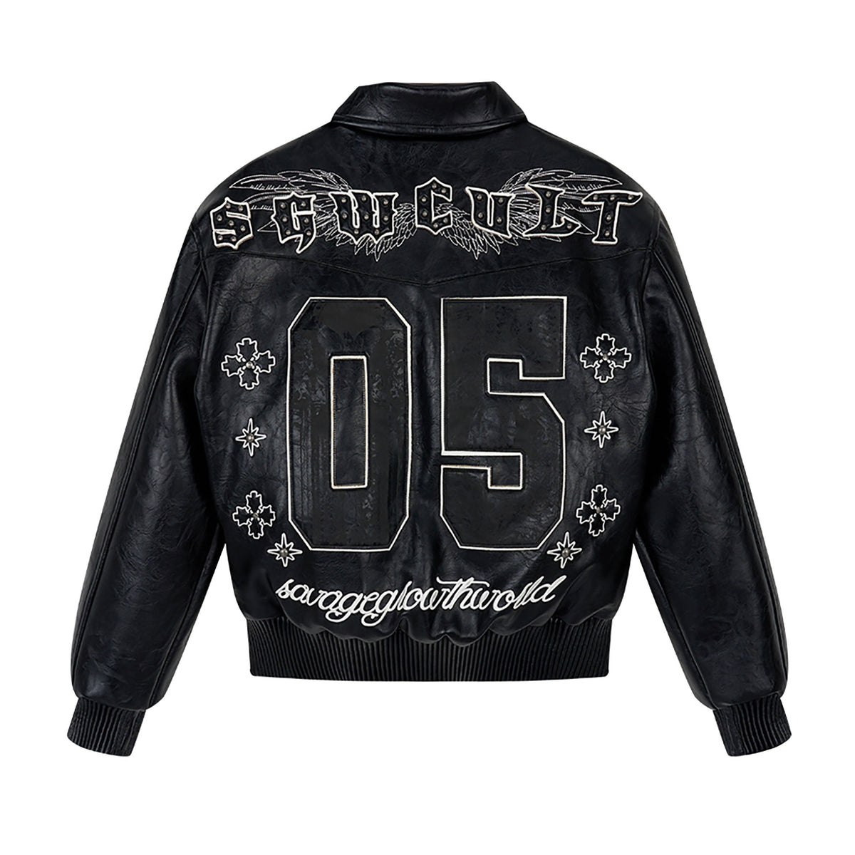 SAVAGEGROWTHWORLD No.05 Patch Faux Leather Studded Moto Jacket