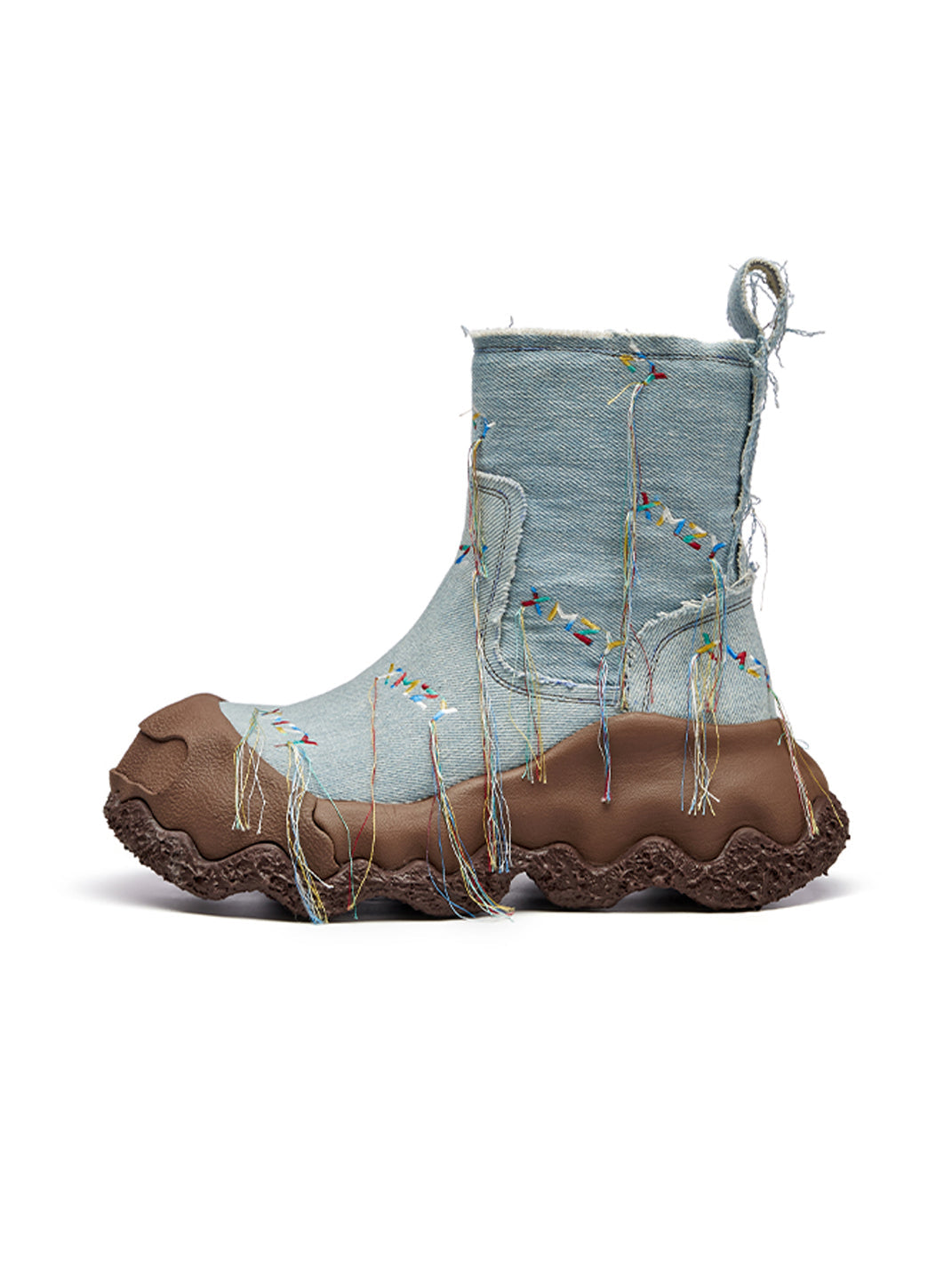 Denim Blue Geometric Planet Fringe Western Ankle Boots