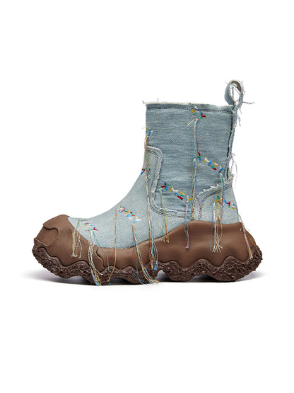 Denim Blue Geometric Planet Fringe Western Ankle Boots