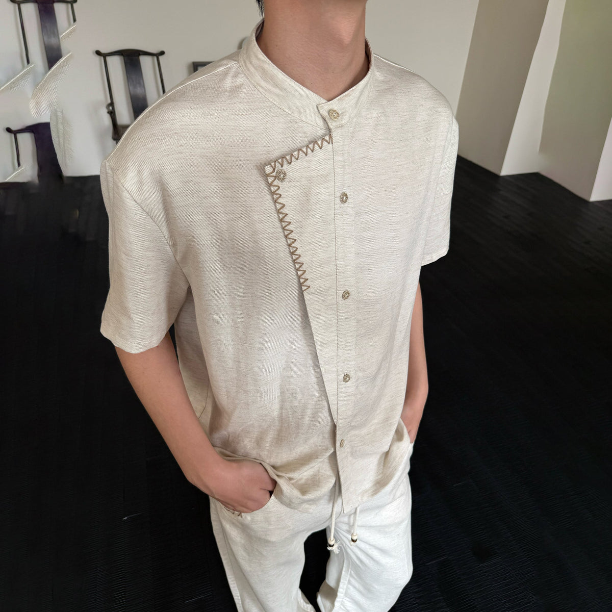 KREATE Stitched Faux-Placket Short Sleeve Shirt