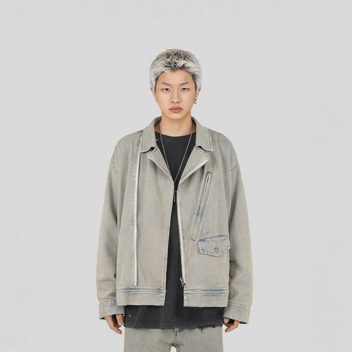 UNDERWATER Acid Wash Zipper Biker Jacket
