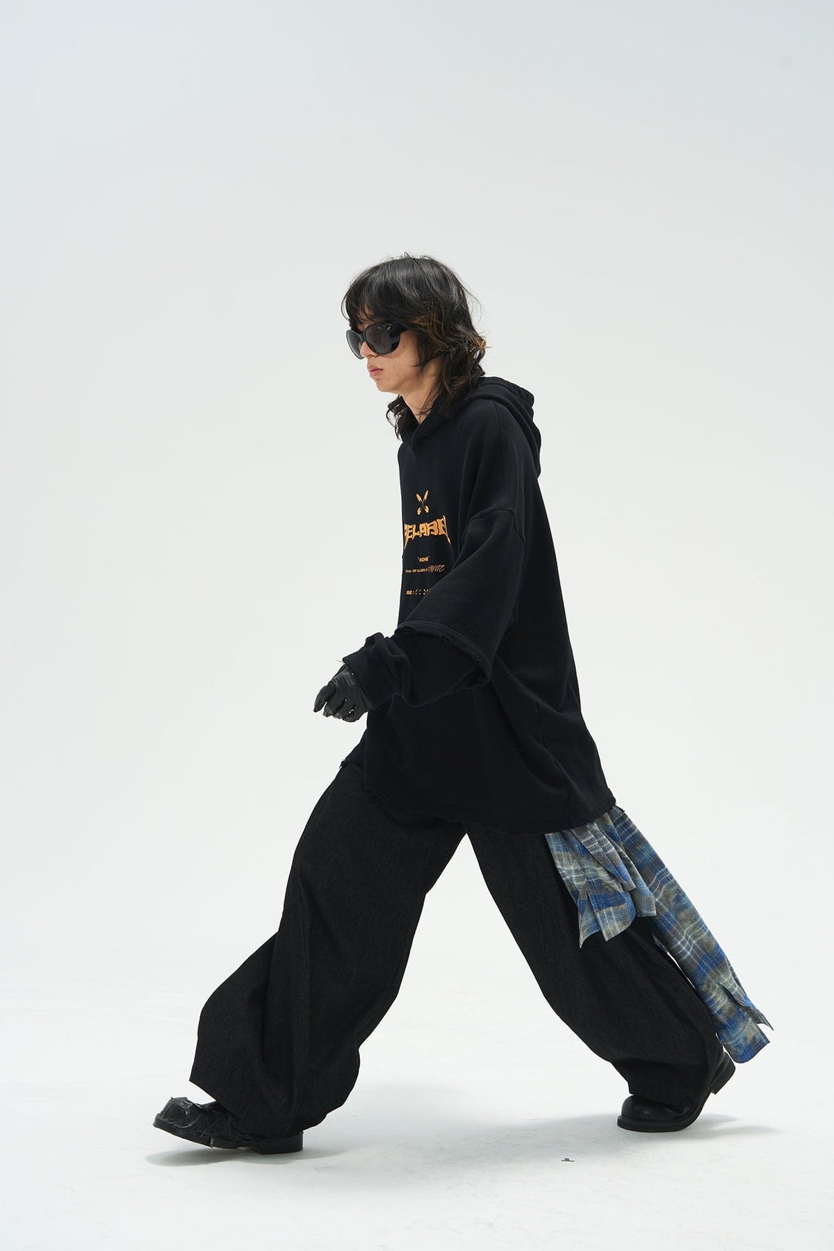 RELABEL Detachable Plaid Flap Panel Wide-Leg Pants