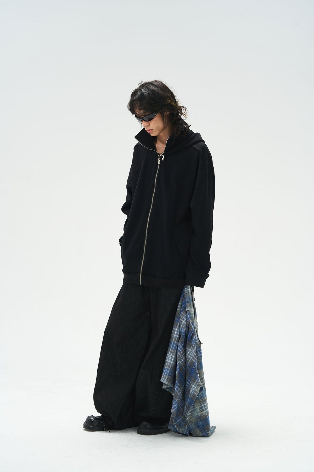 RELABEL Detachable Plaid Flap Panel Wide-Leg Pants