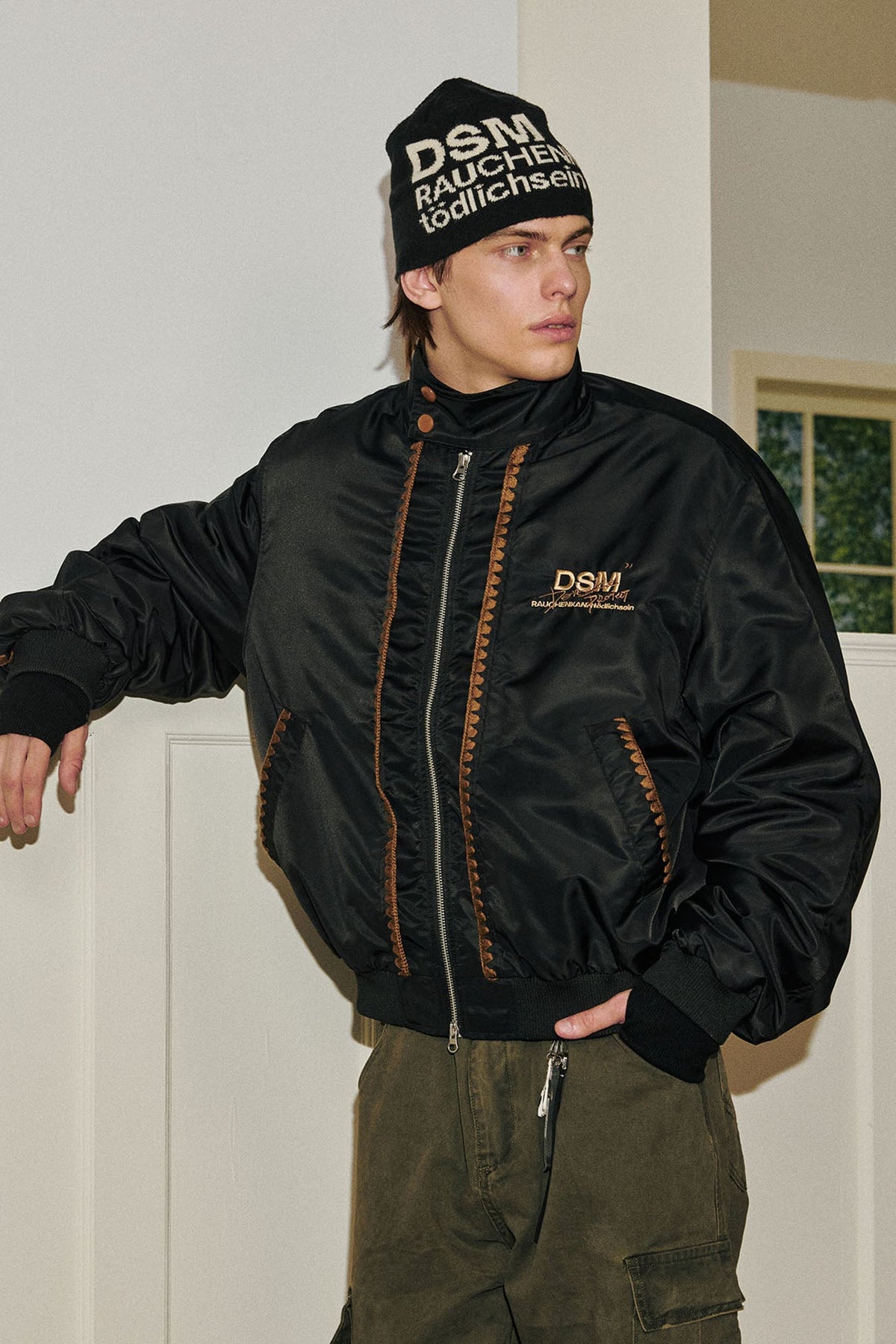 DONSMOKE Glossy Contrast Whipstitch Bomber Jacket