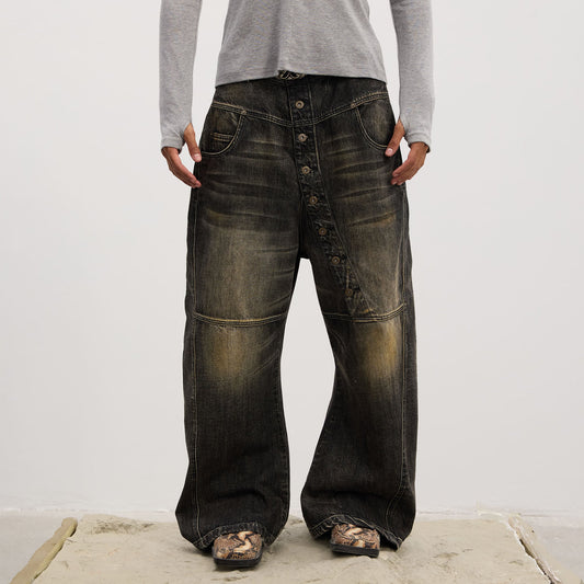 DND4DES Asymmetric Button-Fly Panel Washed Jeans