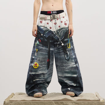 DND4DES Trompe-l'œil Double-Waist Baggy Jeans