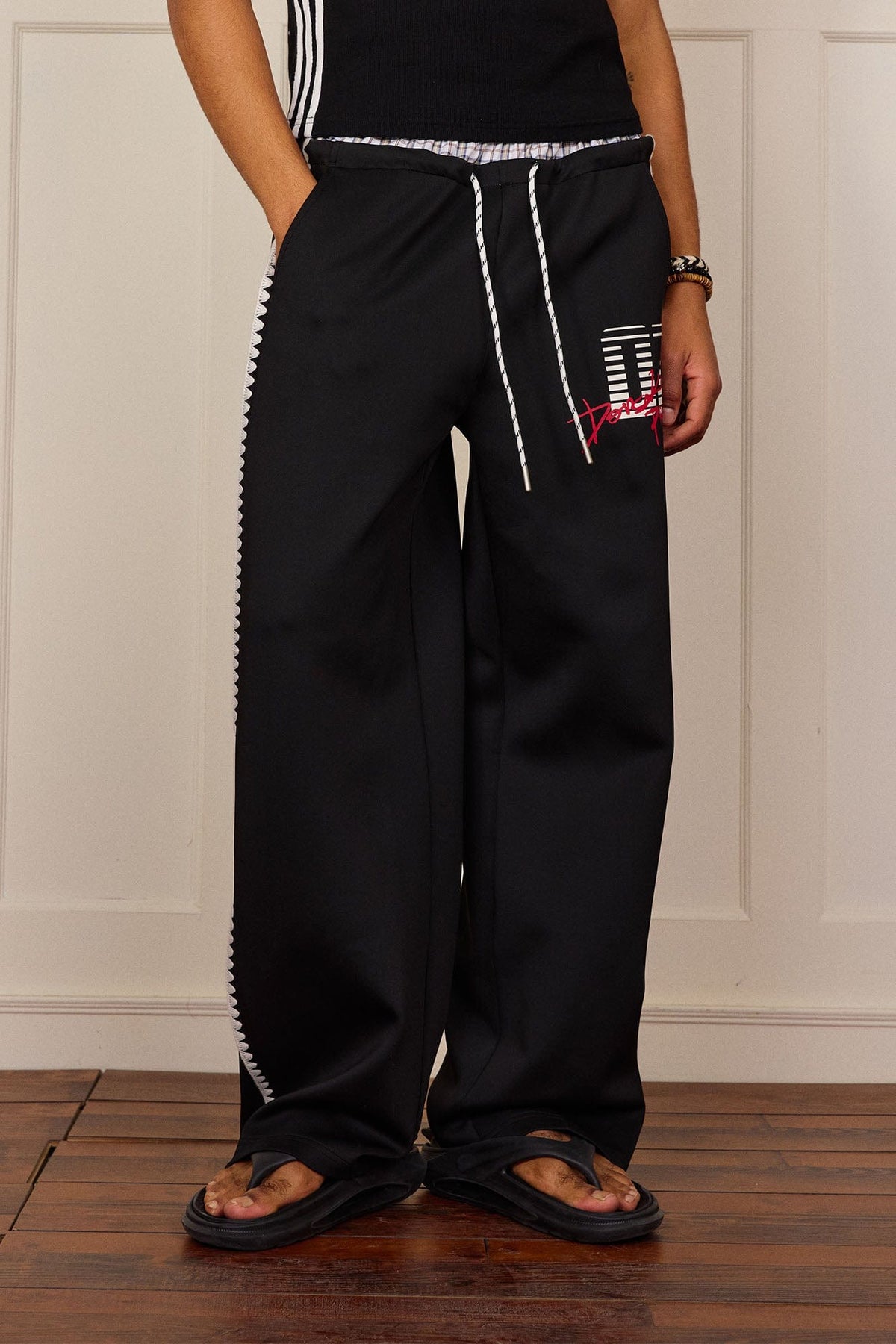 DONSMOKE Plaid Double-Waist Contrast Webbing Sweatpants