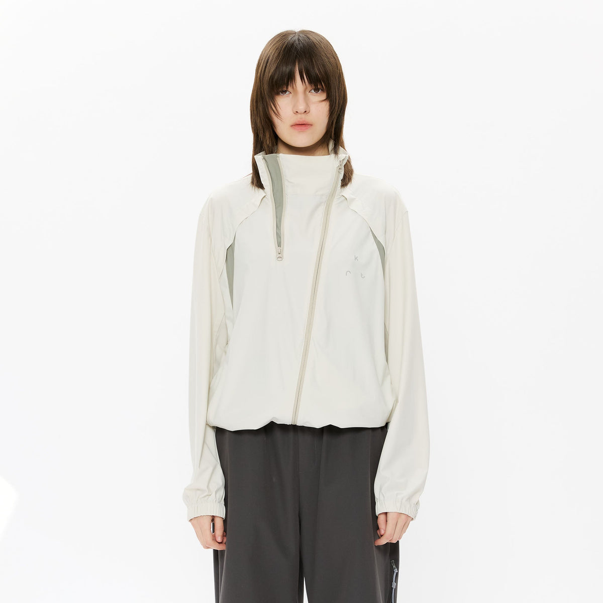 KREATE Asymmetrical Double-Zip High-Neck Hooded Jacket