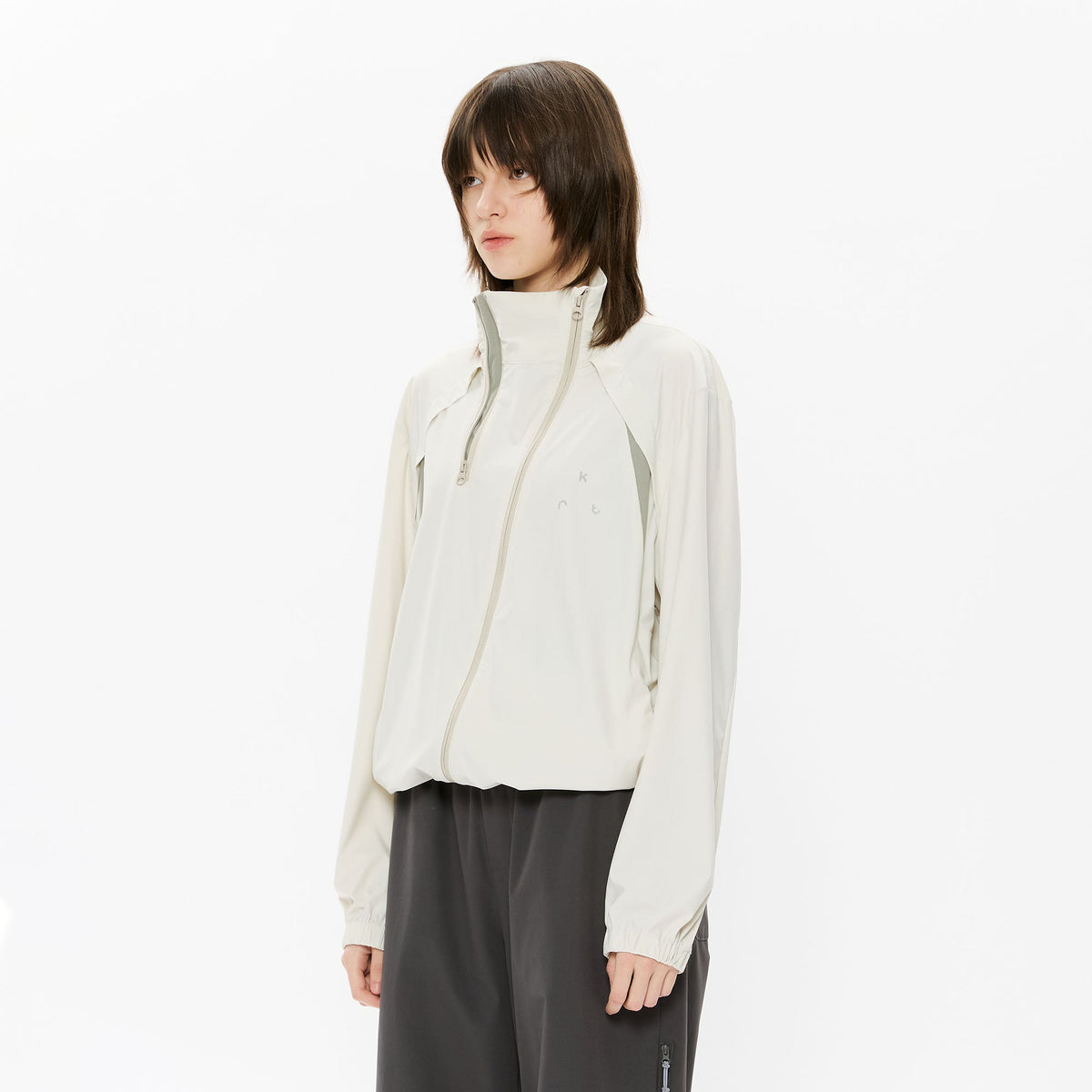 KREATE Asymmetrical Double-Zip High-Neck Hooded Jacket