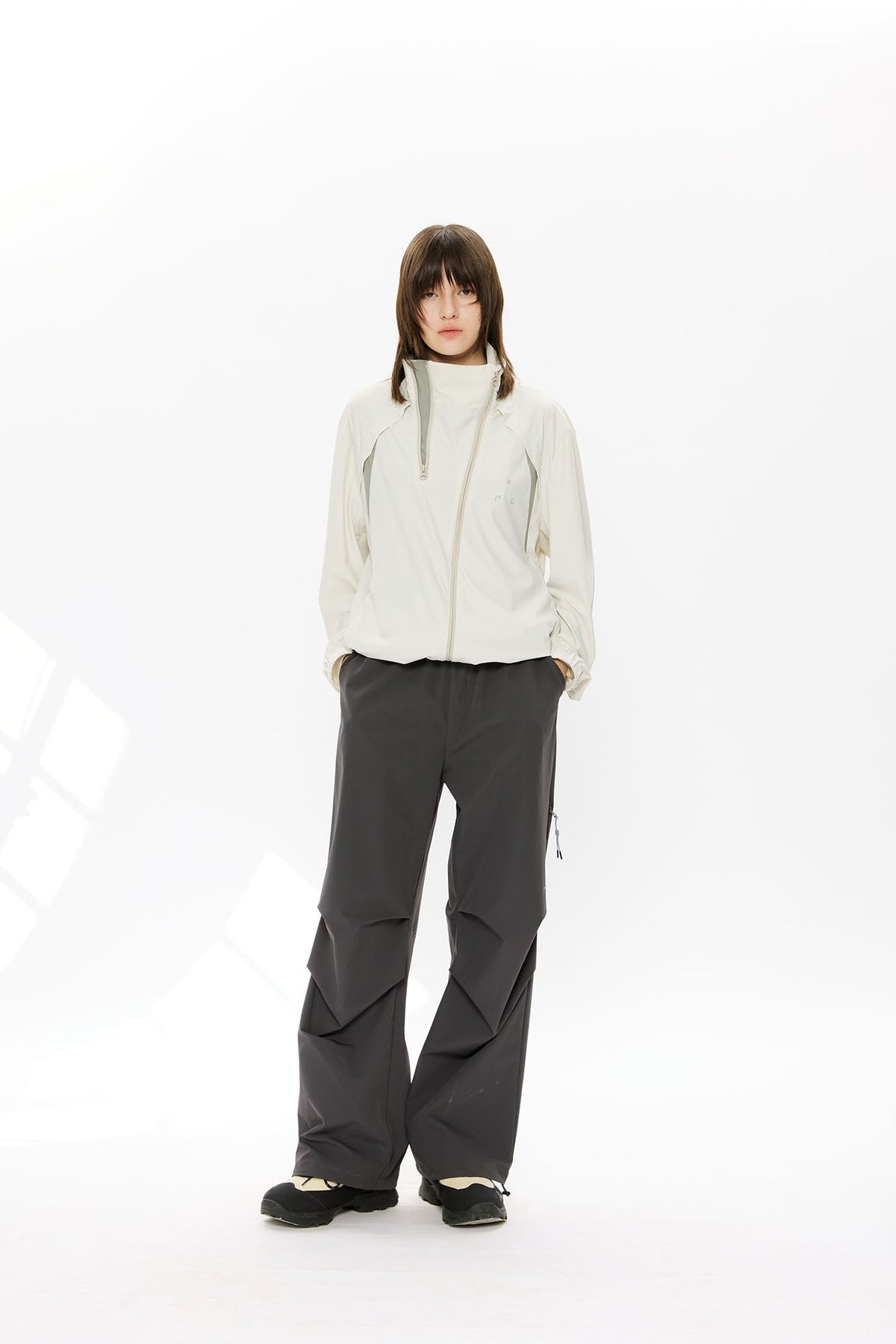 KREATE Asymmetrical Double-Zip High-Neck Hooded Jacket