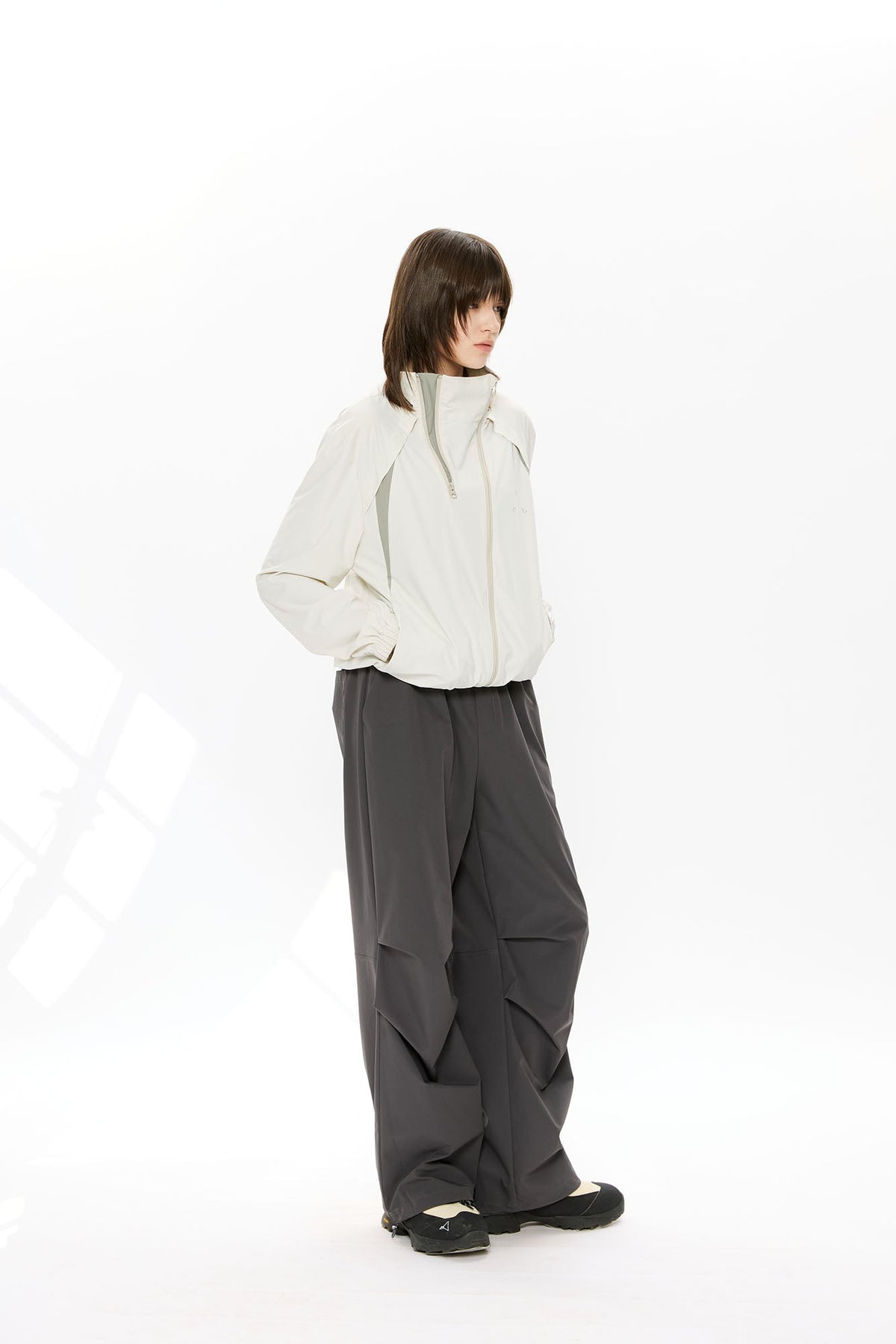 KREATE Asymmetrical Double-Zip High-Neck Hooded Jacket