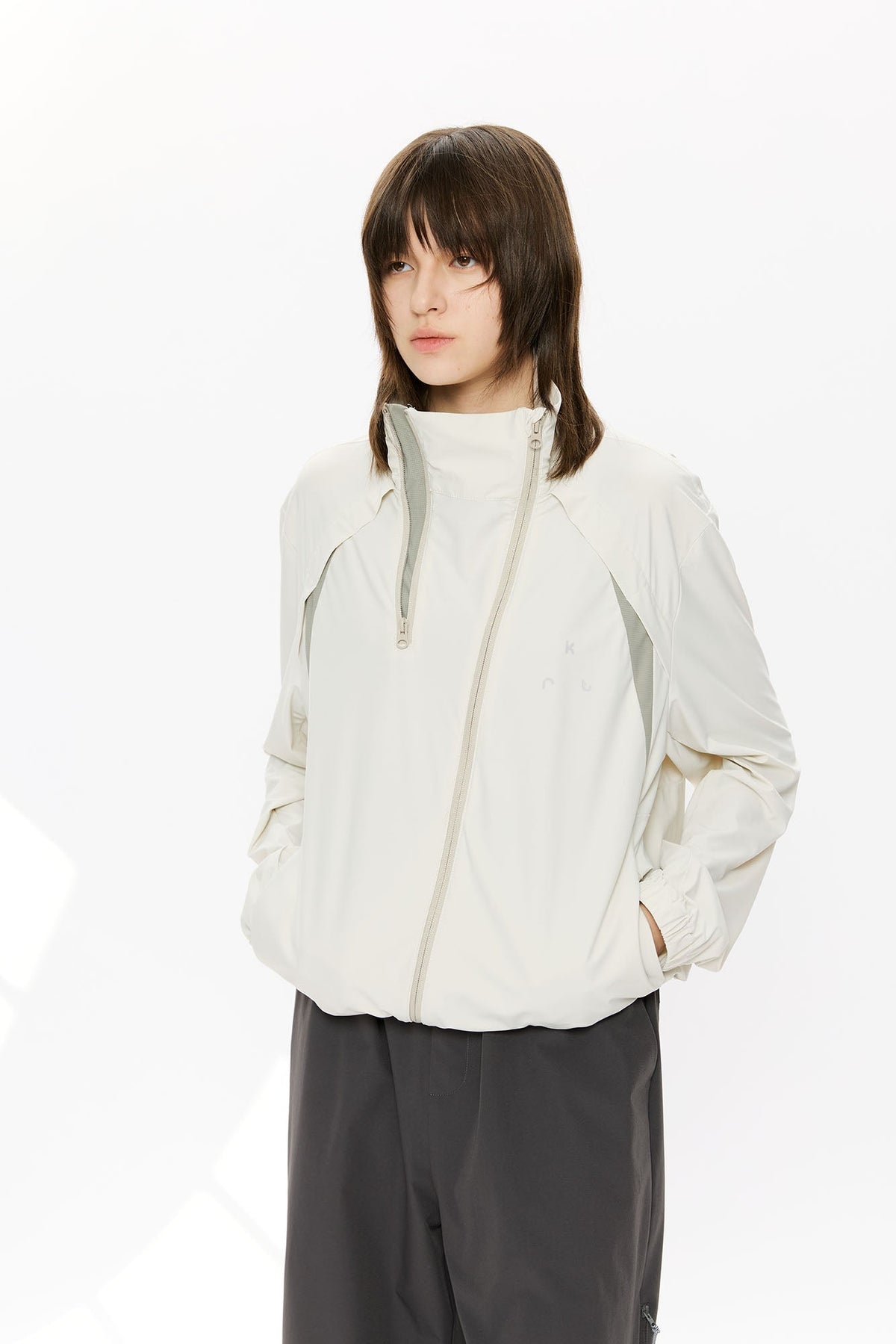 KREATE Asymmetrical Double-Zip High-Neck Hooded Jacket