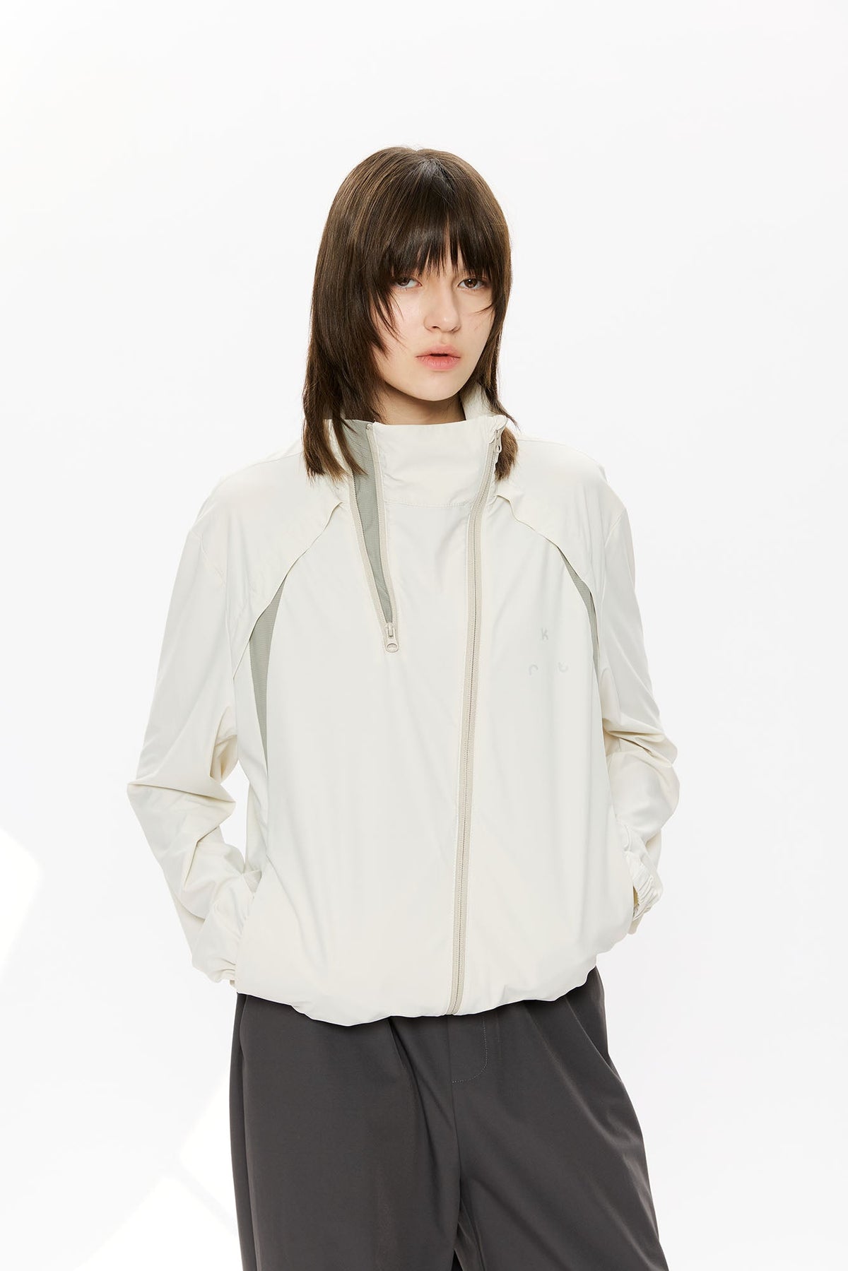 KREATE Asymmetrical Double-Zip High-Neck Hooded Jacket