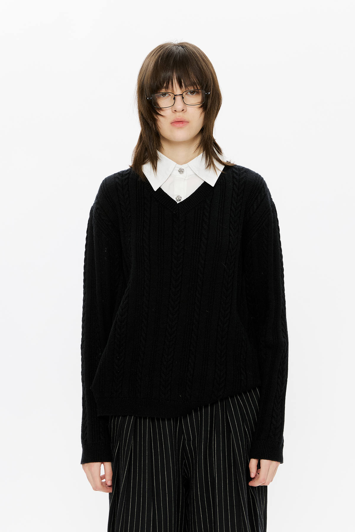 KREATE Cable-Knit Layered Shirt Sweater