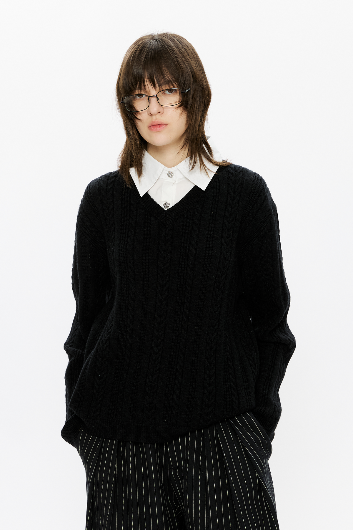 KREATE Cable-Knit Layered Shirt Sweater