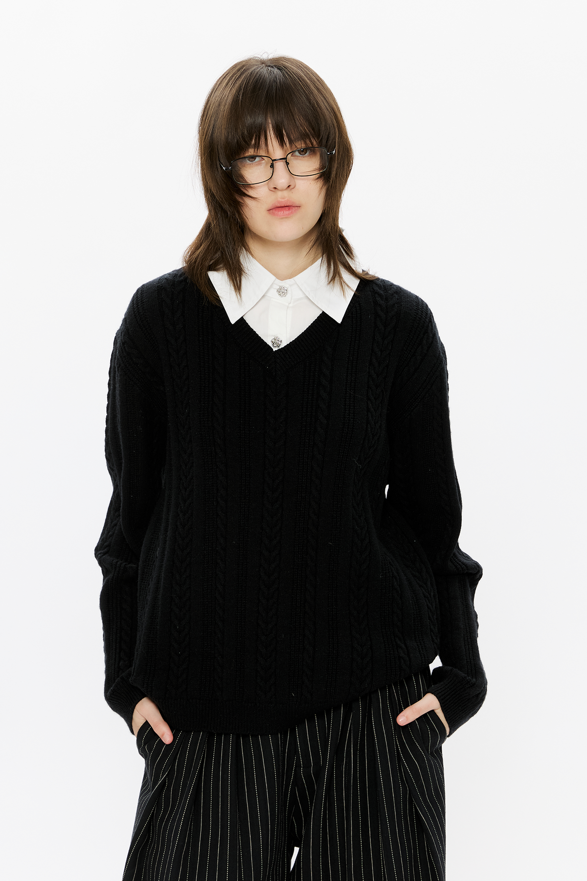 KREATE Cable-Knit Layered Shirt Sweater