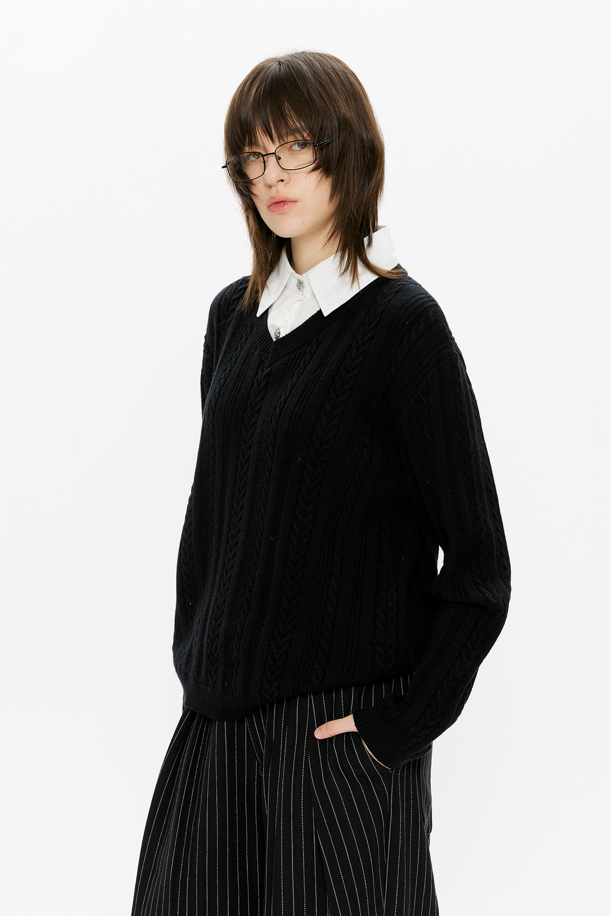 KREATE Cable-Knit Layered Shirt Sweater