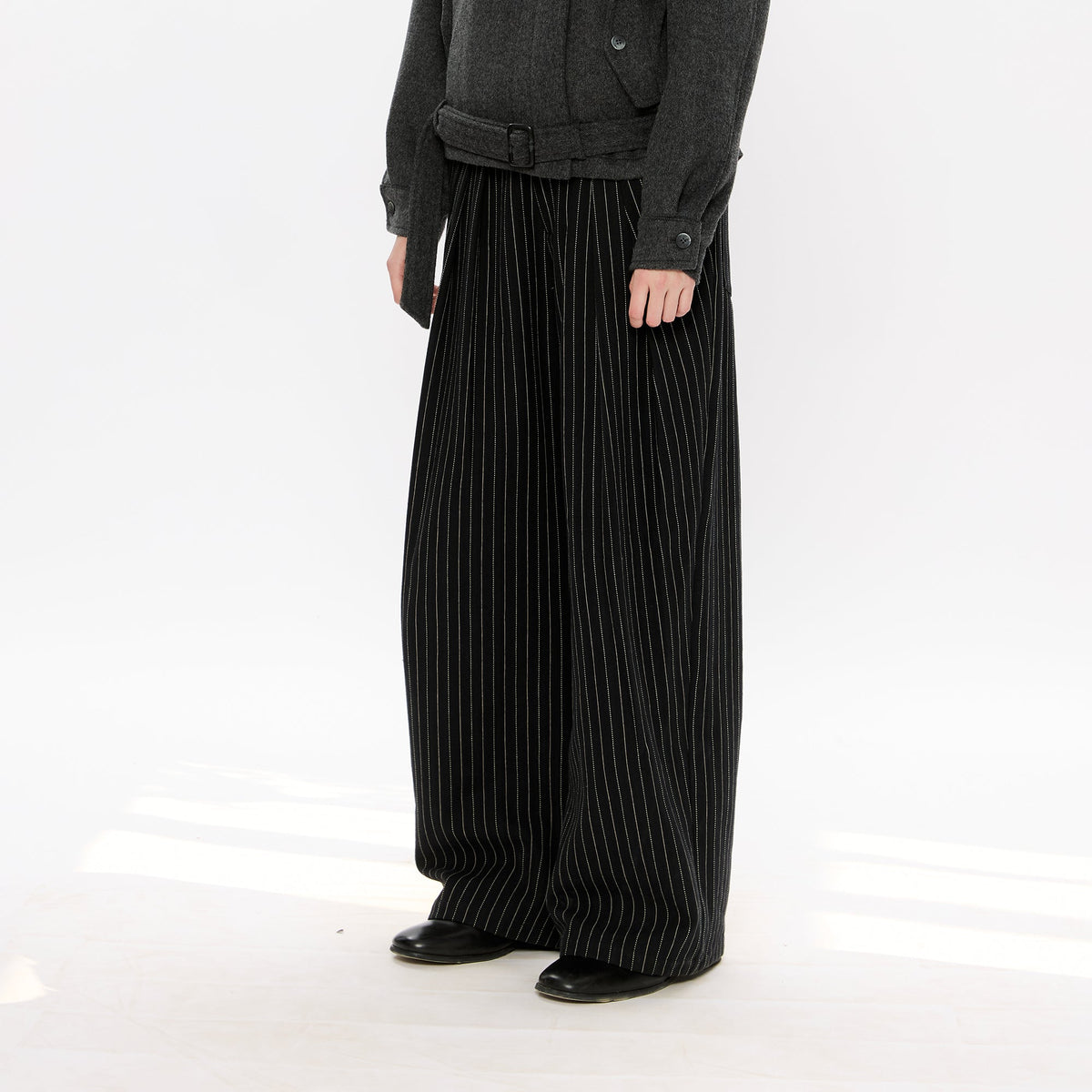 KREATE Pinstripe Pleated Draped Wide Trousers