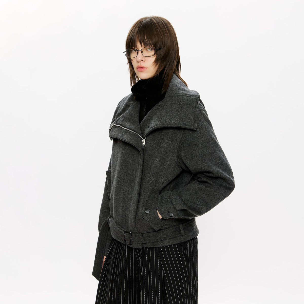KREATE Asymmetrical Funnel-Neck Wool-Blend Jacket
