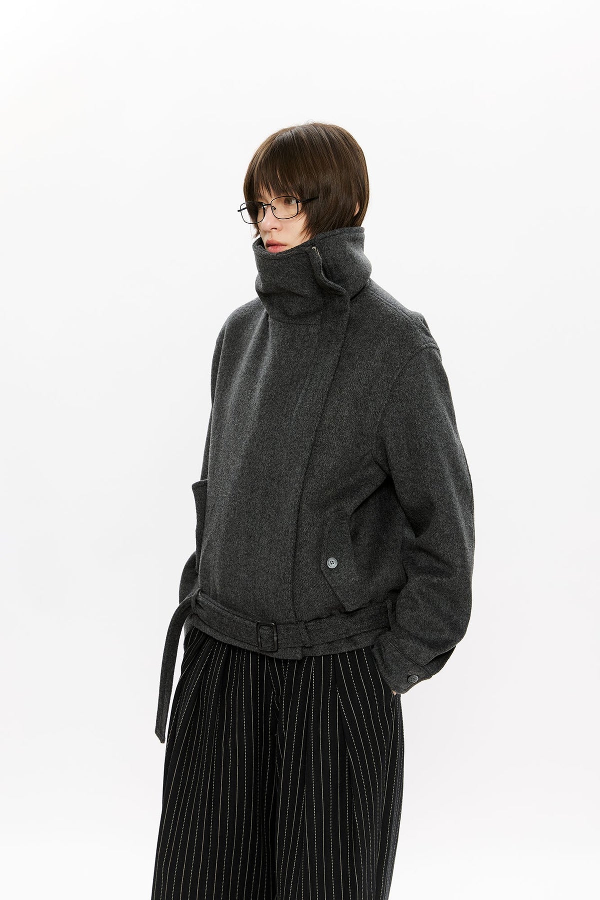 KREATE Asymmetrical Funnel-Neck Wool-Blend Jacket