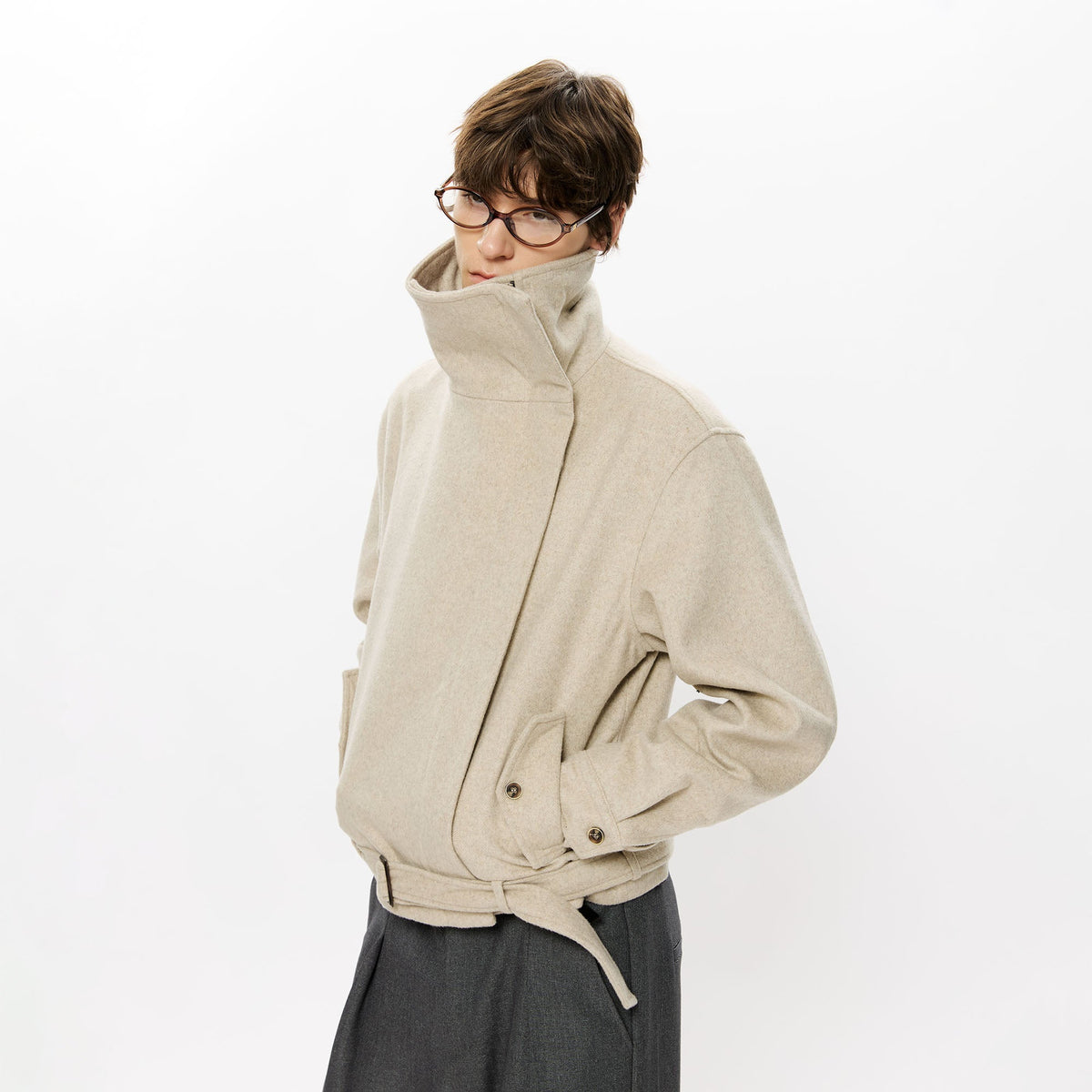 KREATE Asymmetrical Funnel-Neck Wool-Blend Jacket