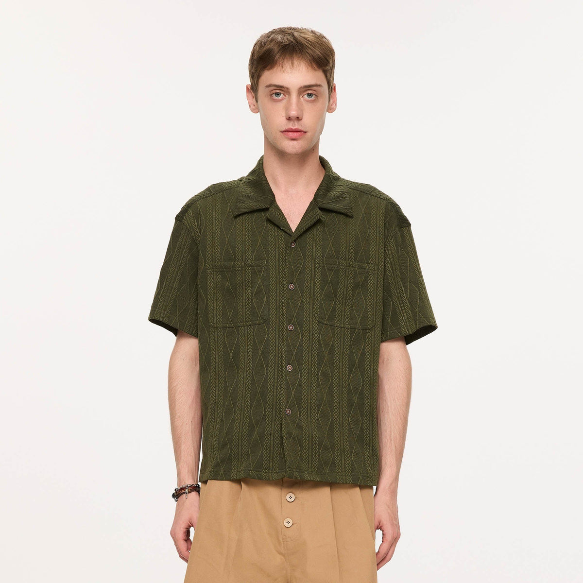 KREATE Cable-Jacquard Pocket Cuban Half Shirt