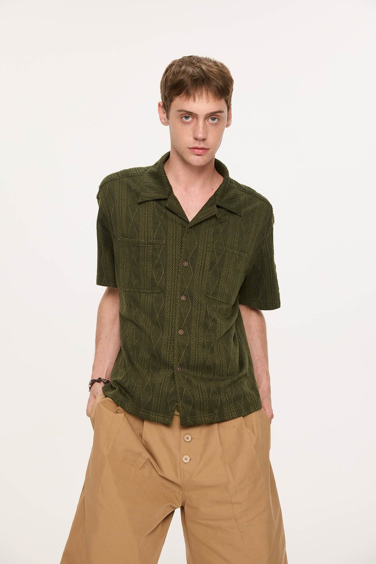 KREATE Cable-Jacquard Pocket Cuban Half Shirt