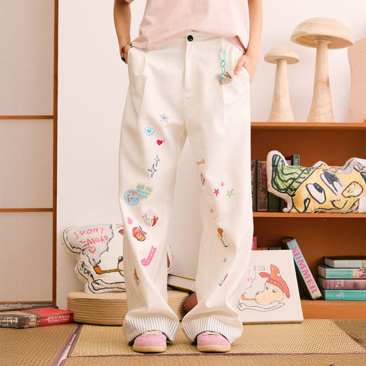 DONSMOKE Puppy Sticker Fold Striped Hem Trousers