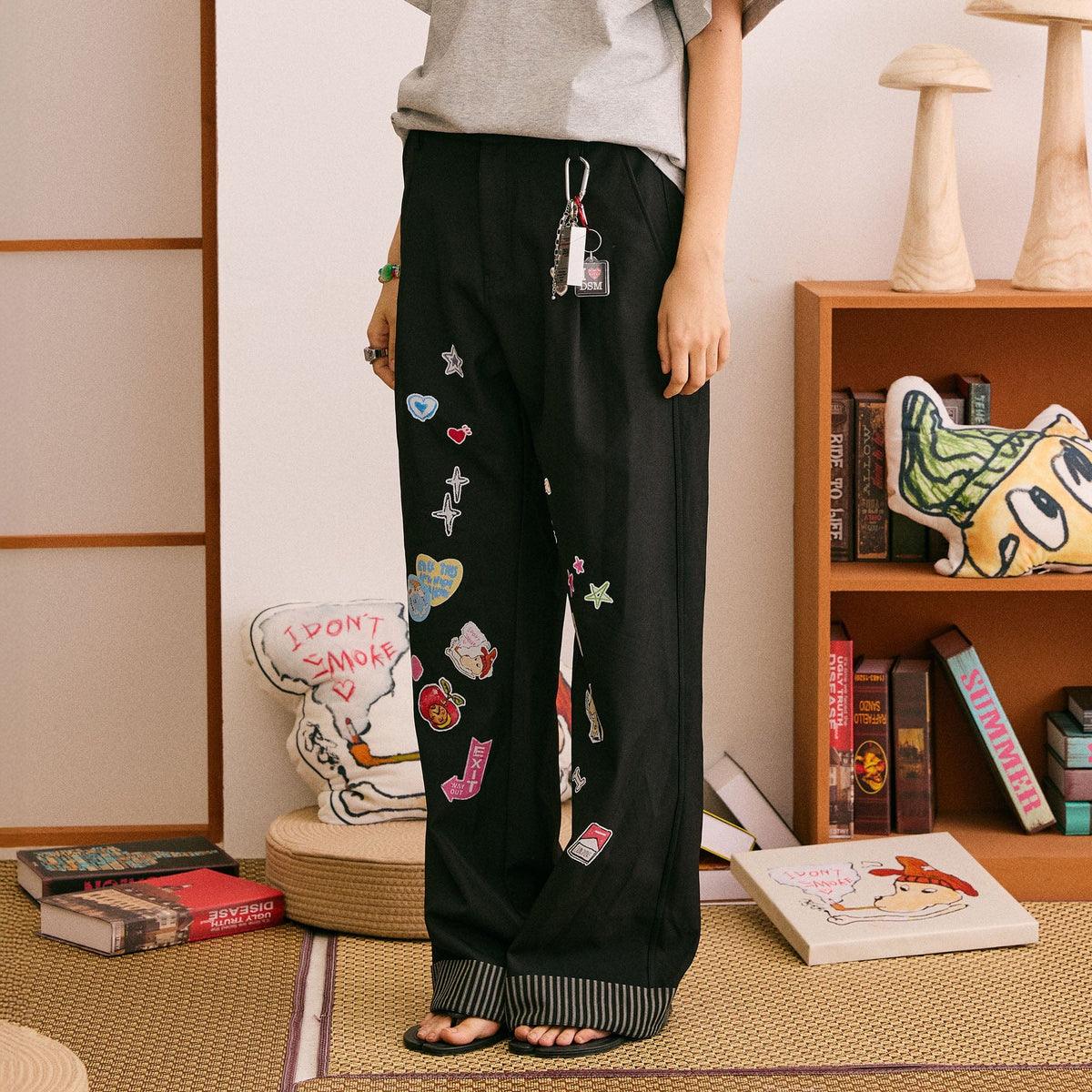 DONSMOKE Puppy Sticker Fold Striped Hem Trousers