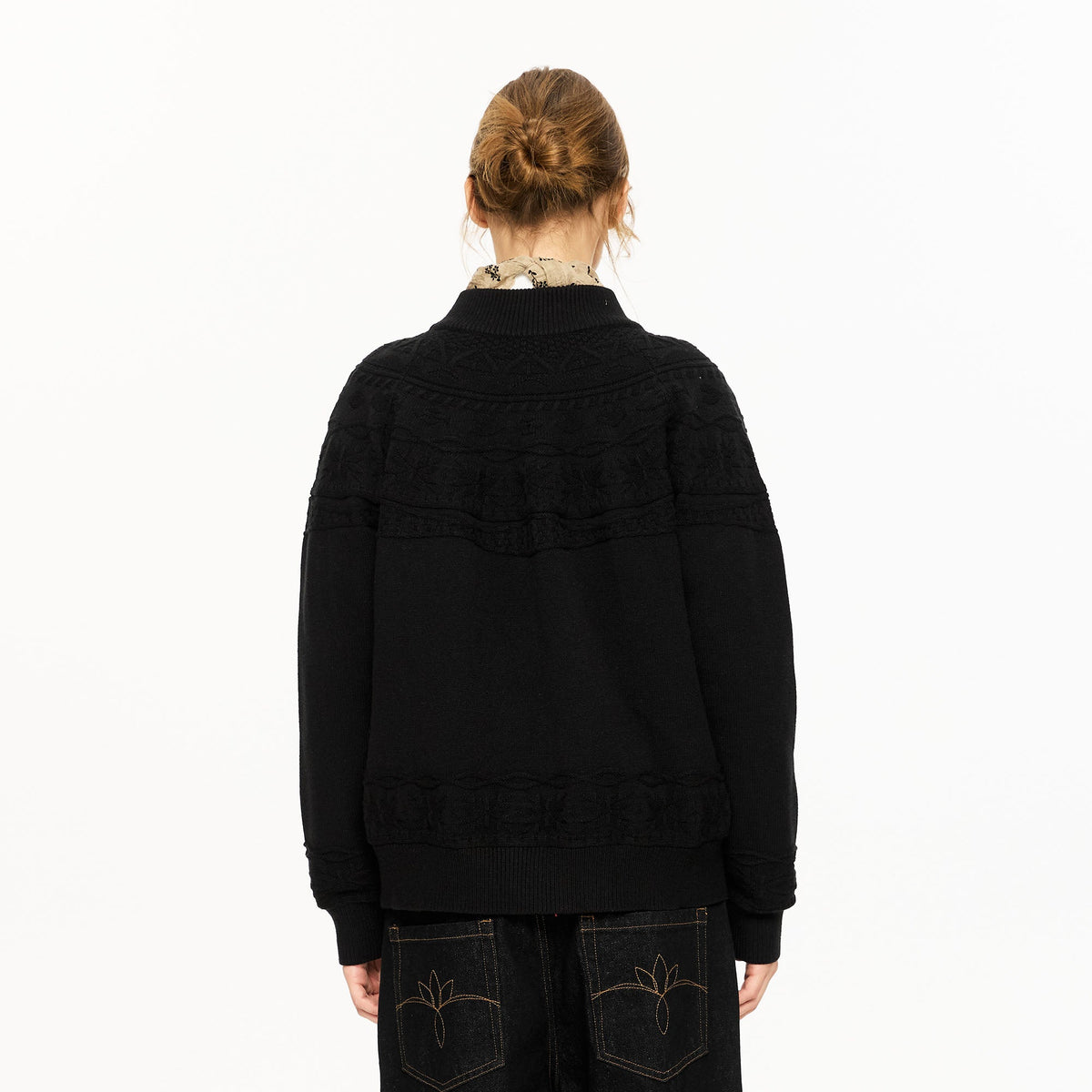 KREATE Double-Placket Jacquard Yoke Cardigan