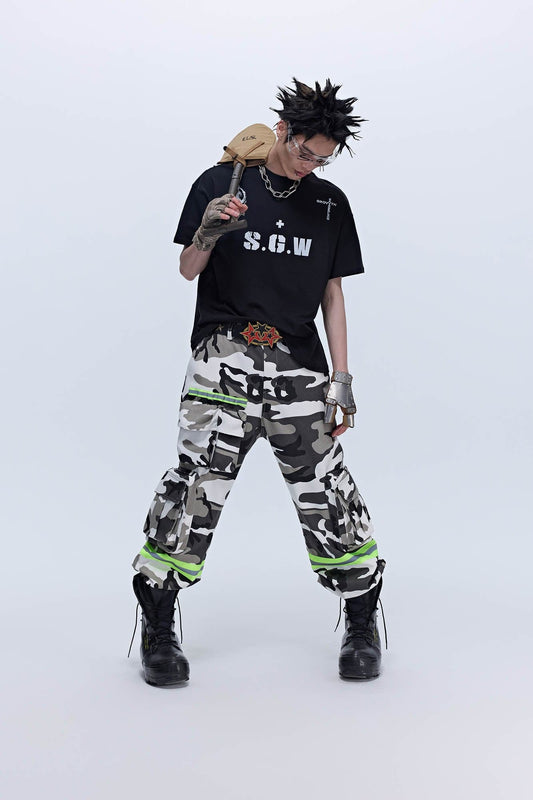 SAVAGEGROWTHWORLD Camo Reflective Multi-Pocket Cargo Pants