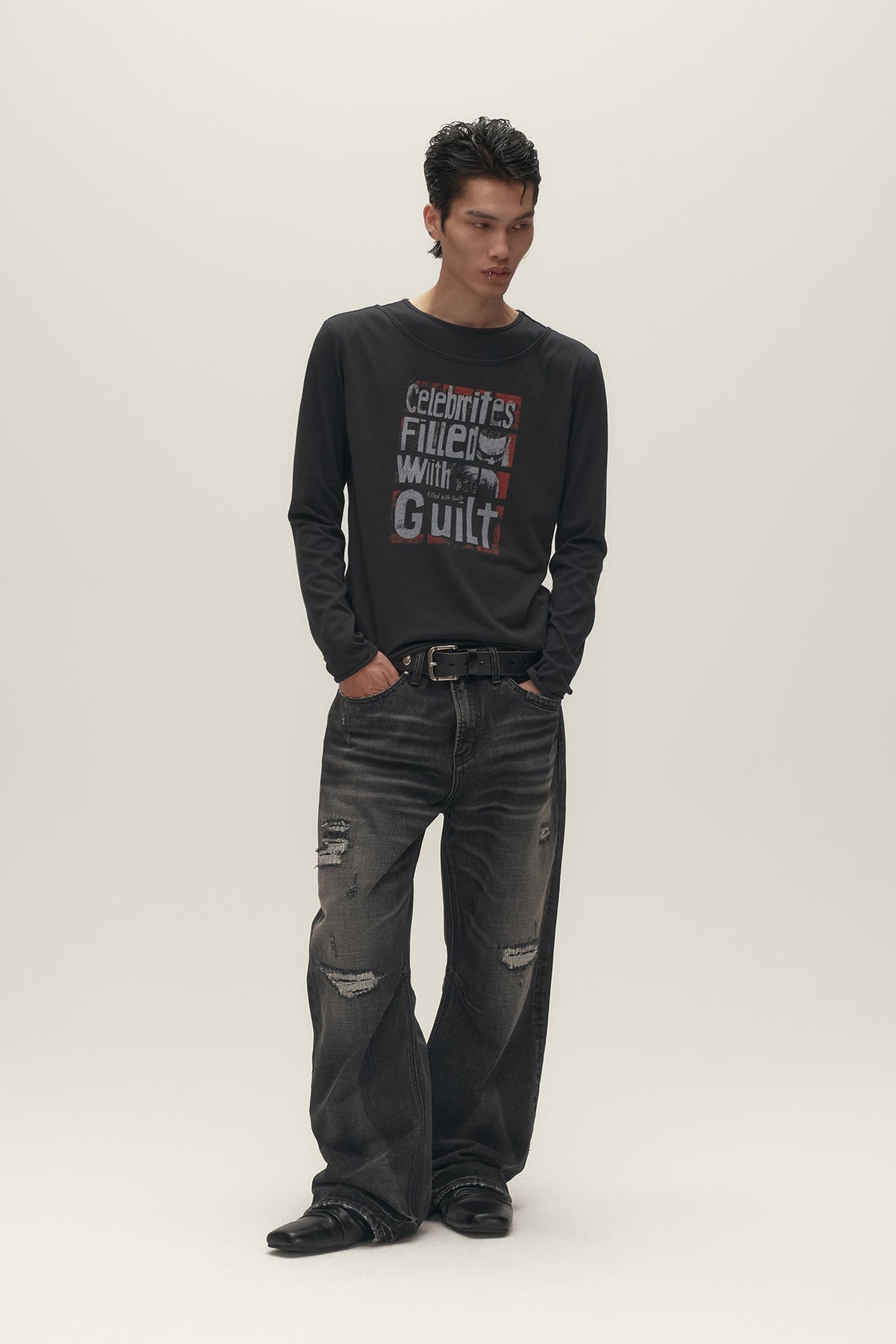 SAVAGEGROWTHWORLD Graphic Double-Layer Neckline Long-Sleeve Tee