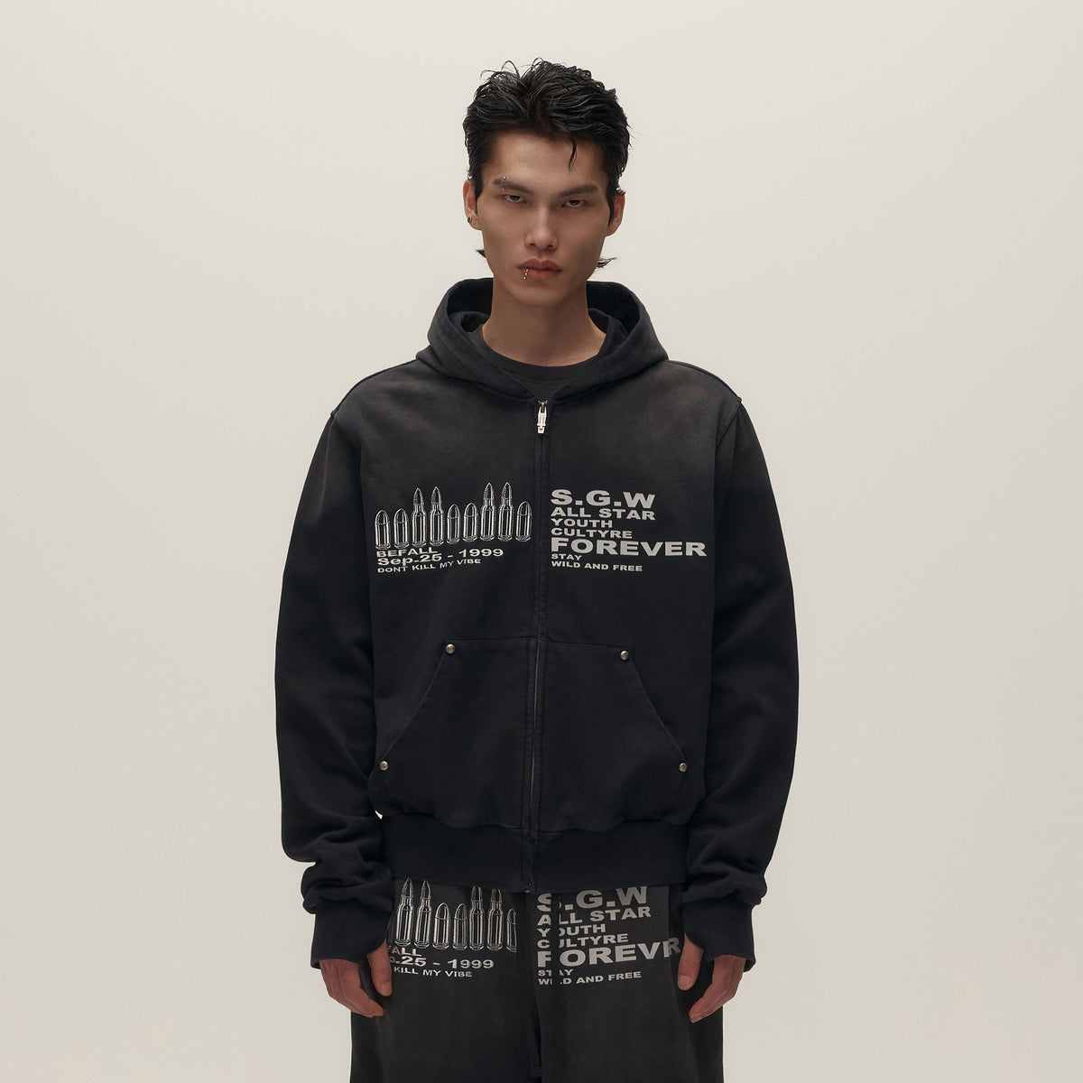 SAVAGEGROWTHWORLD Bullet Hole Graphic Washed Zip-Up Hoodie
