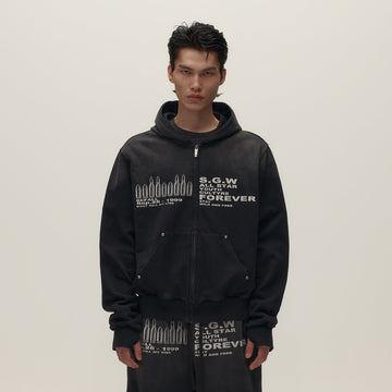 SAVAGEGROWTHWORLD Bullet Hole Graphic Washed Zip-Up Hoodie