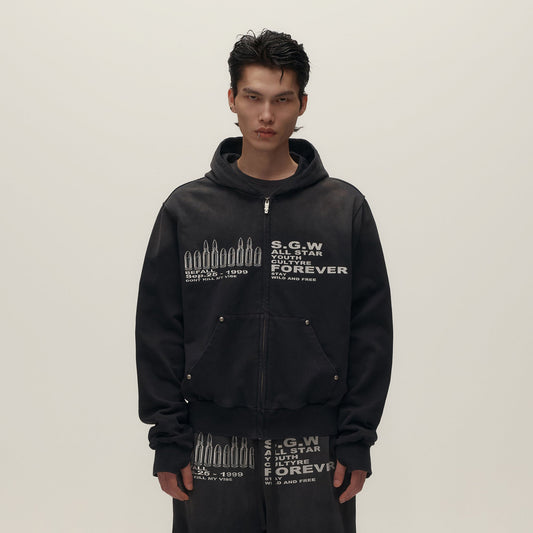 SAVAGEGROWTHWORLD Bullet Hole Graphic Washed Zip-Up Hoodie