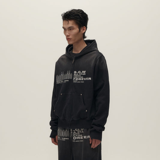 SAVAGEGROWTHWORLD Bullet Hole Graphic Washed Zip-Up Hoodie