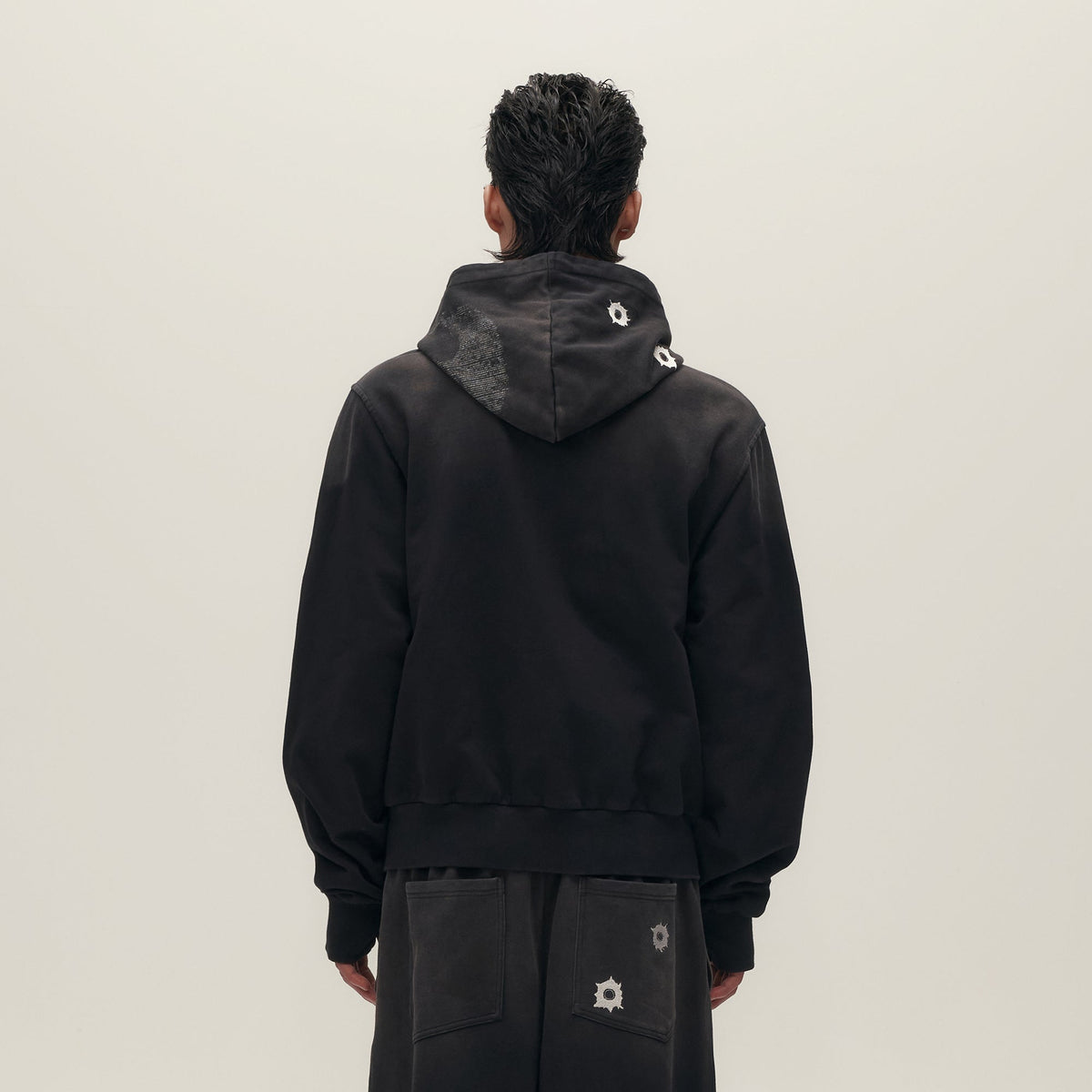SAVAGEGROWTHWORLD Bullet Hole Graphic Washed Zip-Up Hoodie