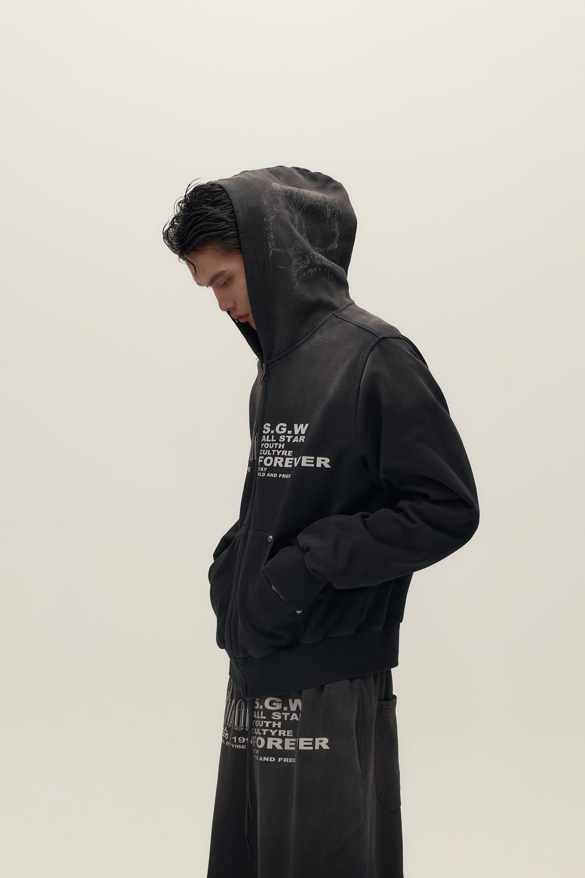SAVAGEGROWTHWORLD Bullet Hole Graphic Washed Zip-Up Hoodie