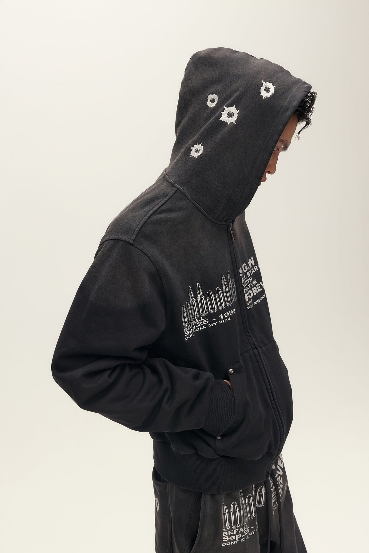 SAVAGEGROWTHWORLD Bullet Hole Graphic Washed Zip-Up Hoodie