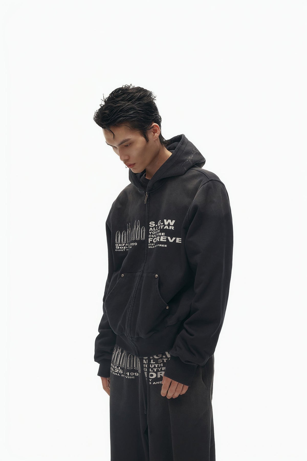 SAVAGEGROWTHWORLD Bullet Hole Graphic Washed Zip-Up Hoodie