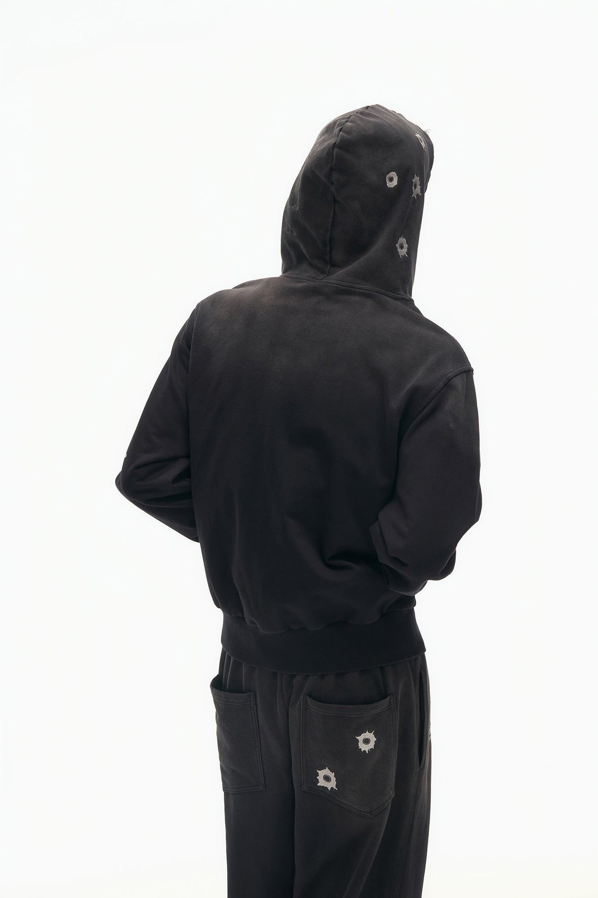 SAVAGEGROWTHWORLD Bullet Hole Graphic Washed Zip-Up Hoodie