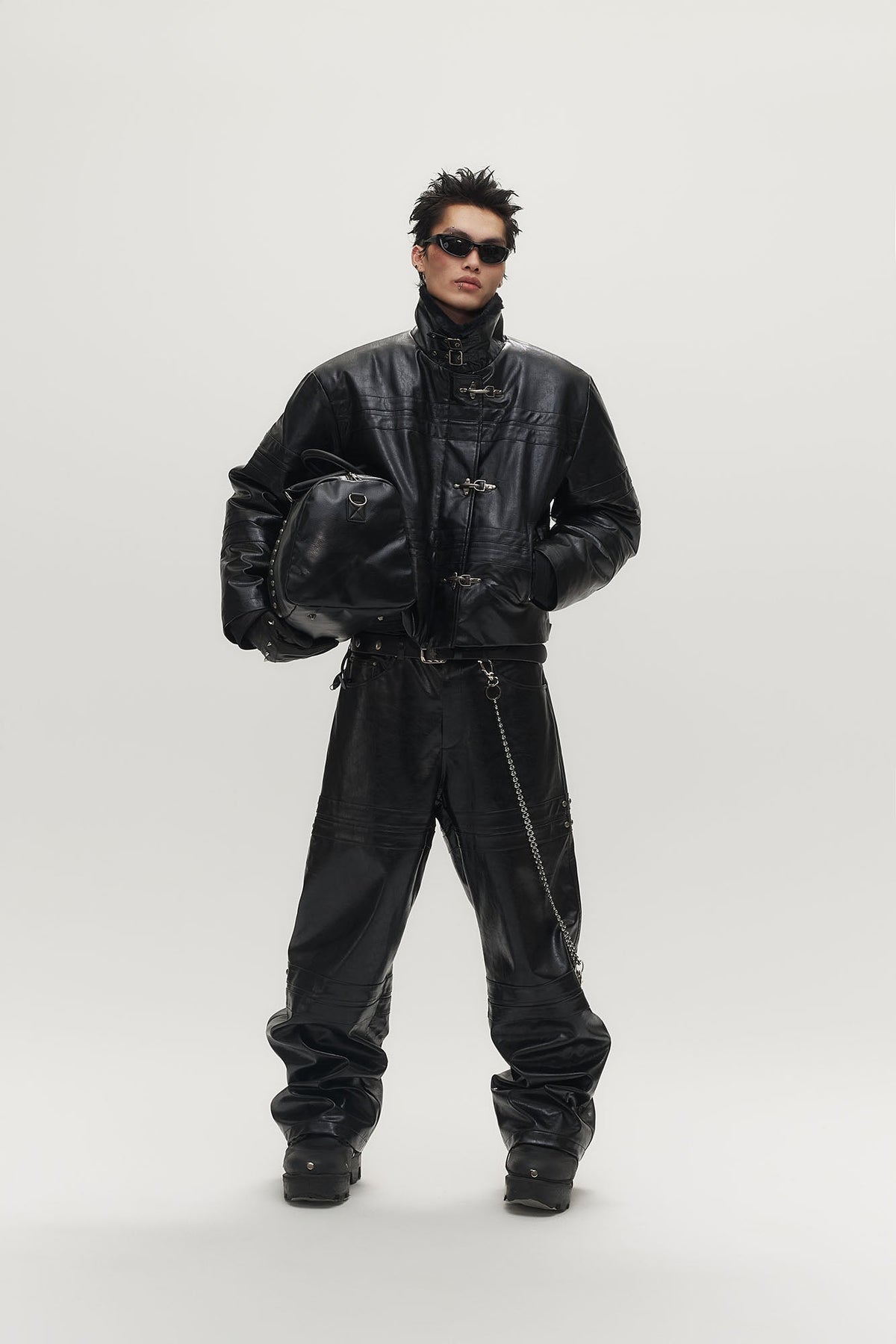 SAVAGEGROWTHWORLD Hook Buckle Faux Leather Puffer Jacket