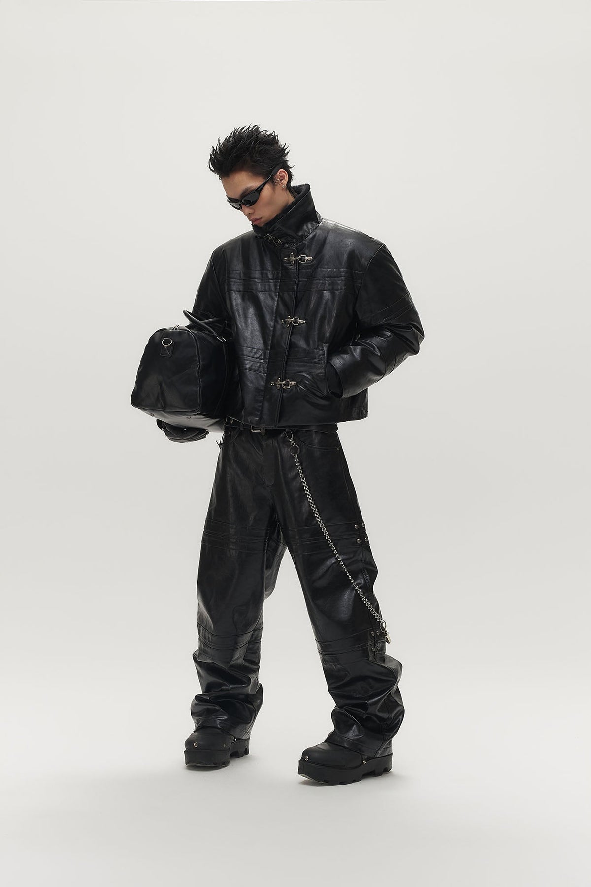 SAVAGEGROWTHWORLD Hook Buckle Faux Leather Puffer Jacket