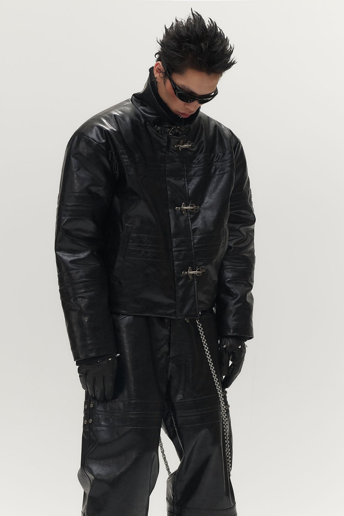SAVAGEGROWTHWORLD Hook Buckle Faux Leather Puffer Jacket