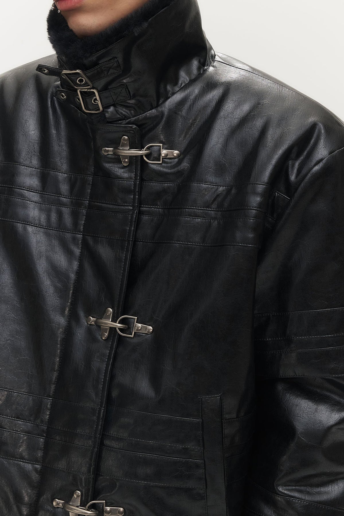SAVAGEGROWTHWORLD Hook Buckle Faux Leather Puffer Jacket