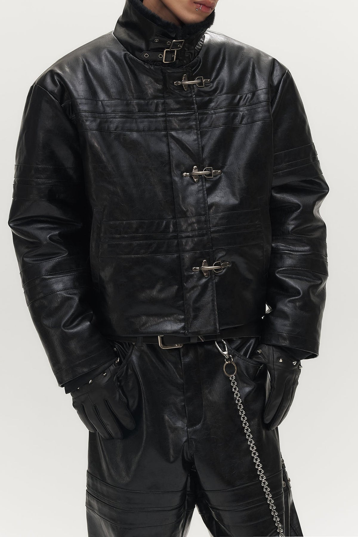 SAVAGEGROWTHWORLD Hook Buckle Faux Leather Puffer Jacket