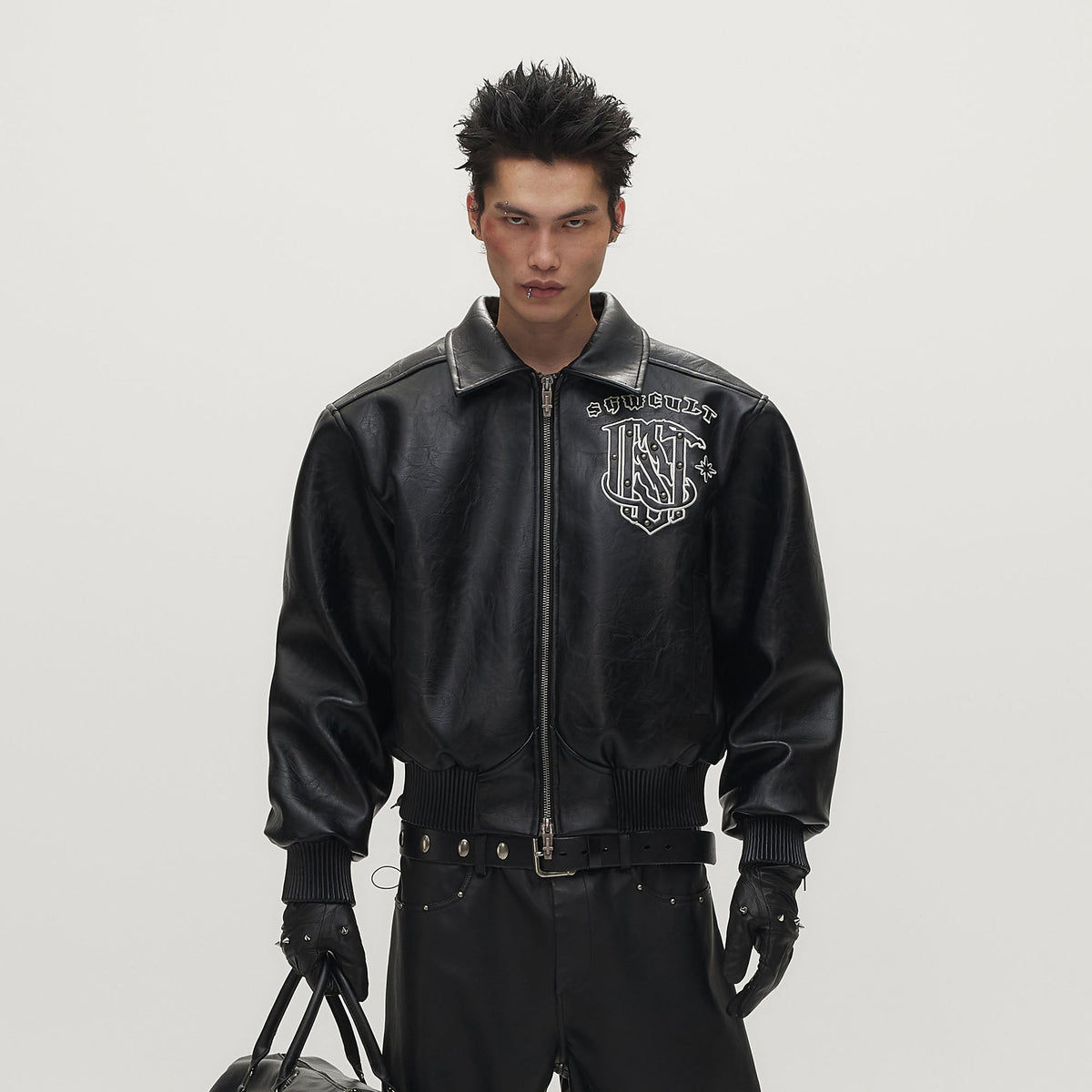 SAVAGEGROWTHWORLD No.05 Patch Faux Leather Studded Moto Jacket