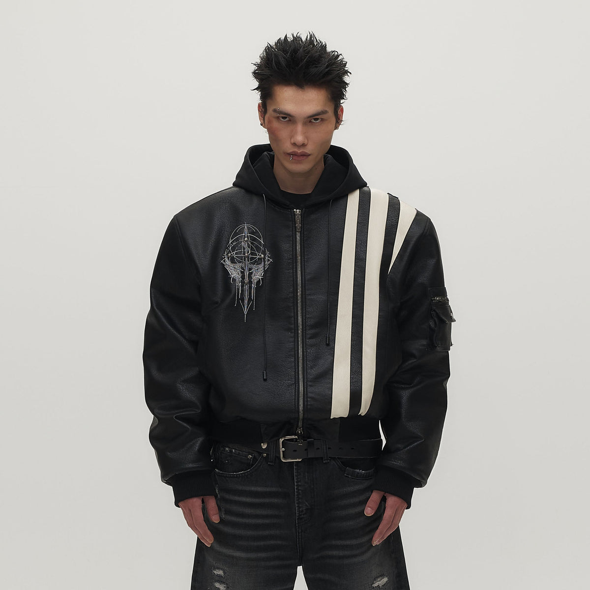 SAVAGEGROWTHWORLD Striped Faux Leather Padded Bomber Jacket