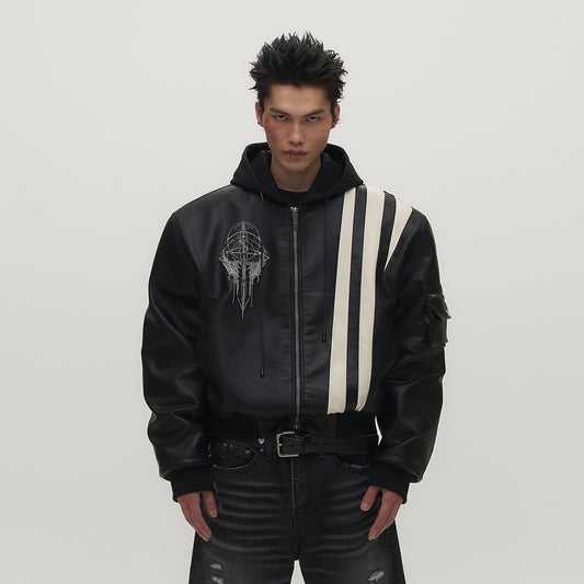 SAVAGEGROWTHWORLD Striped Faux Leather Padded Bomber Jacket