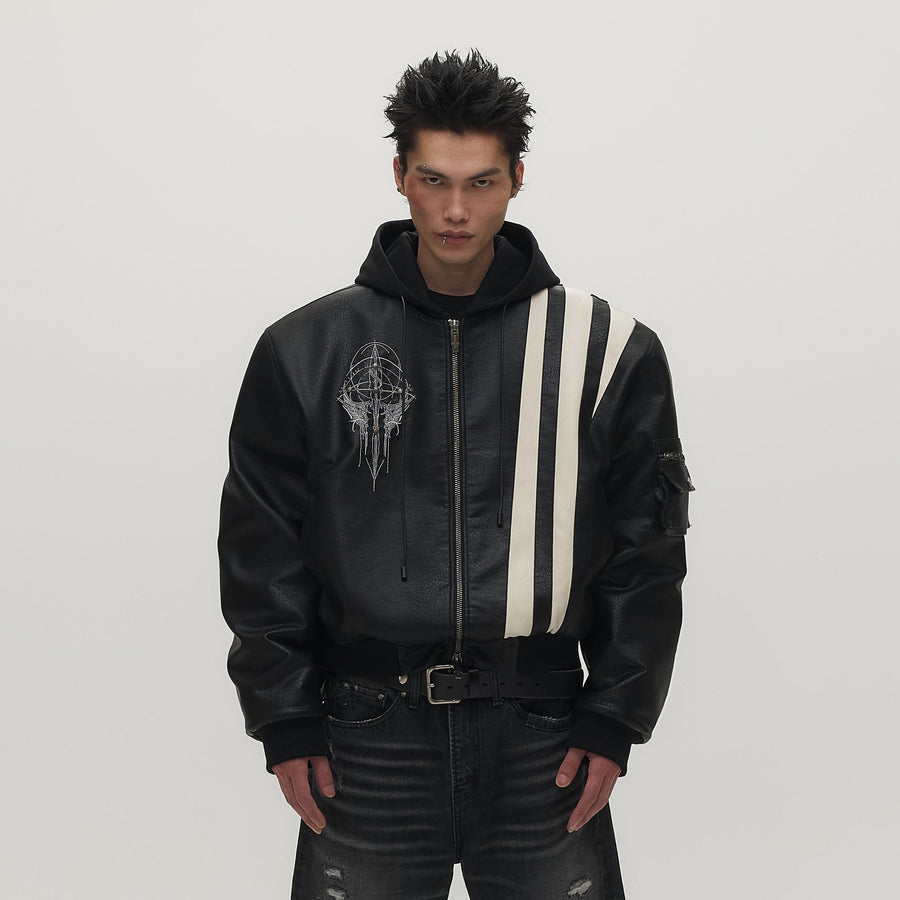 SAVAGEGROWTHWORLD Striped Faux Leather Padded Bomber Jacket
